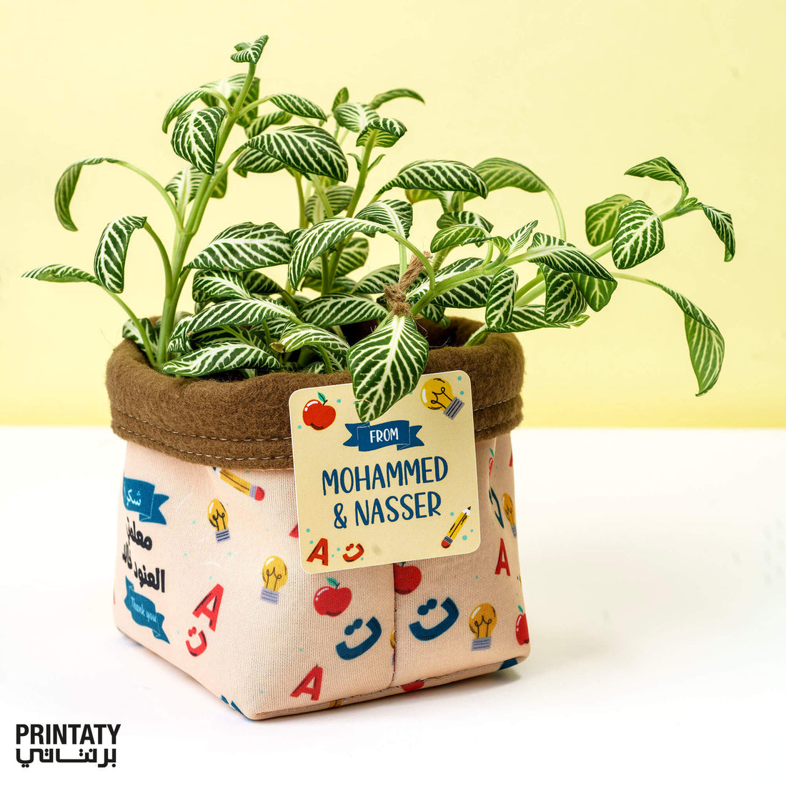 For the teacher: A plant inside a cloth basket with the teacher’s name printed on it, Along with a gift card