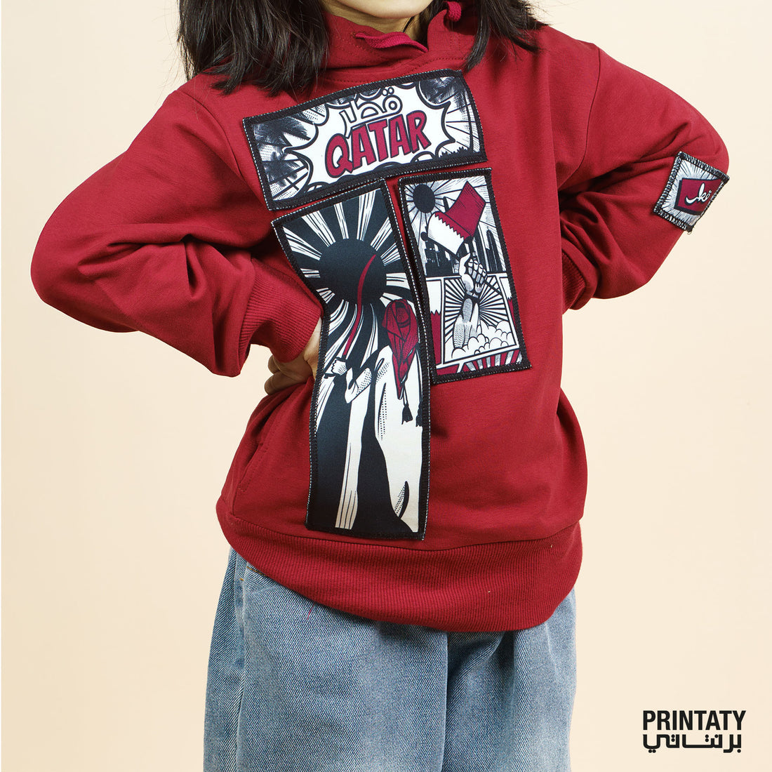 Kids Winter Hoodie: Comic Book Style Drawings of Qatar